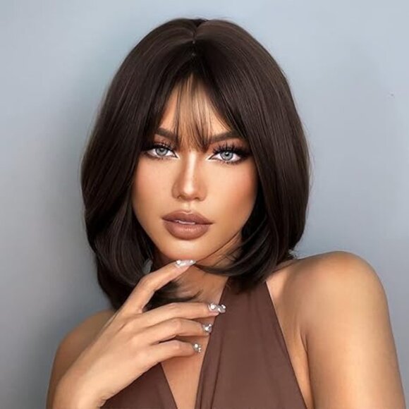 Bob Short Dark Brown Wig with Bangs, Shoulder Length Synthetic Wigs for Women - Picture 1 of 10